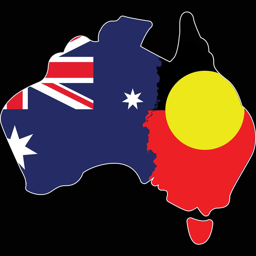 Country Outline Australia Aboriginal Flag Joined United As One - Mens Funny T-Shirt Tshirts - 123t Australia | Funny T-Shirts Mugs Novelty Gifts