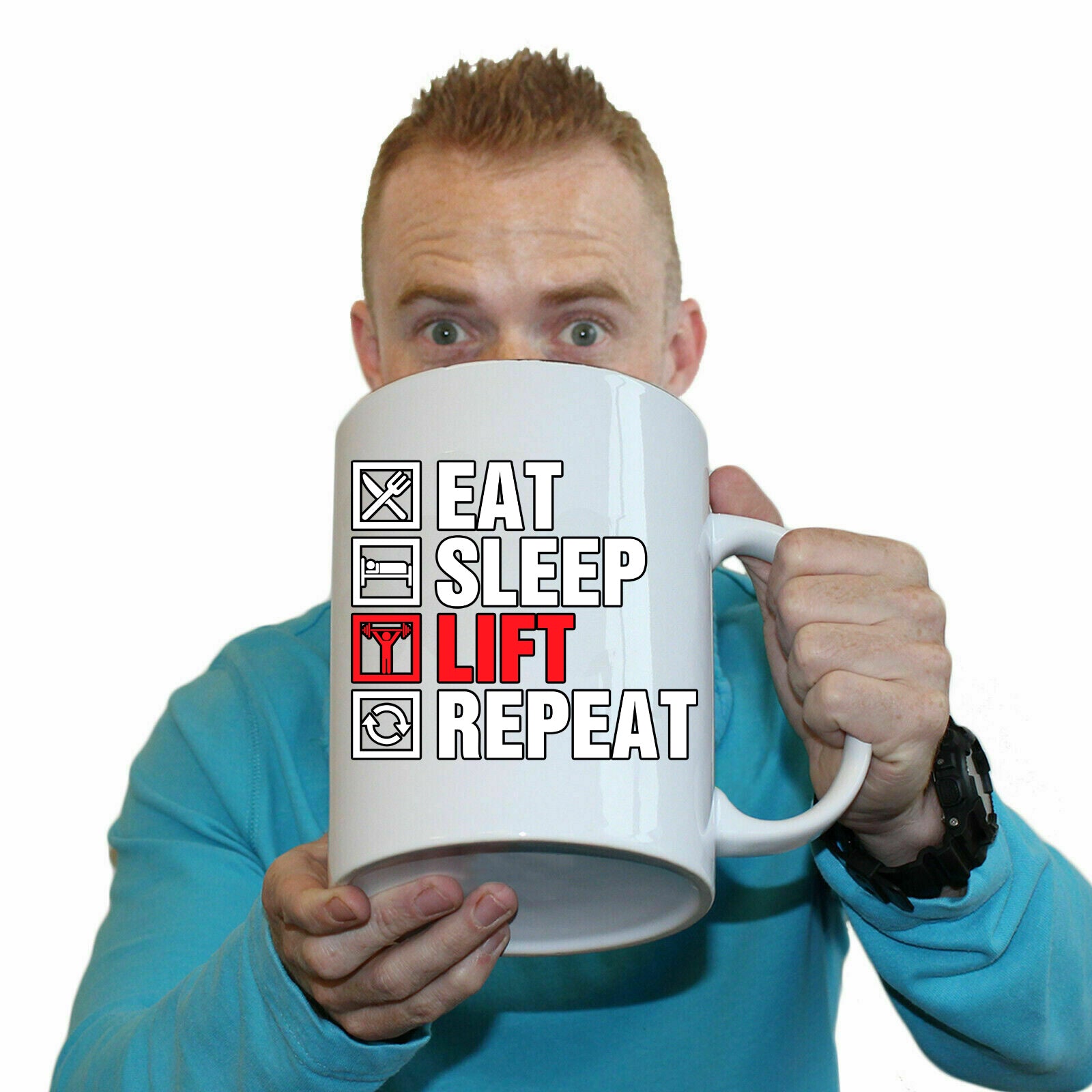 Eat Sleep Lift Repeat Gym Bodybuilding Weights - Funny Giant 2 Litre Mug