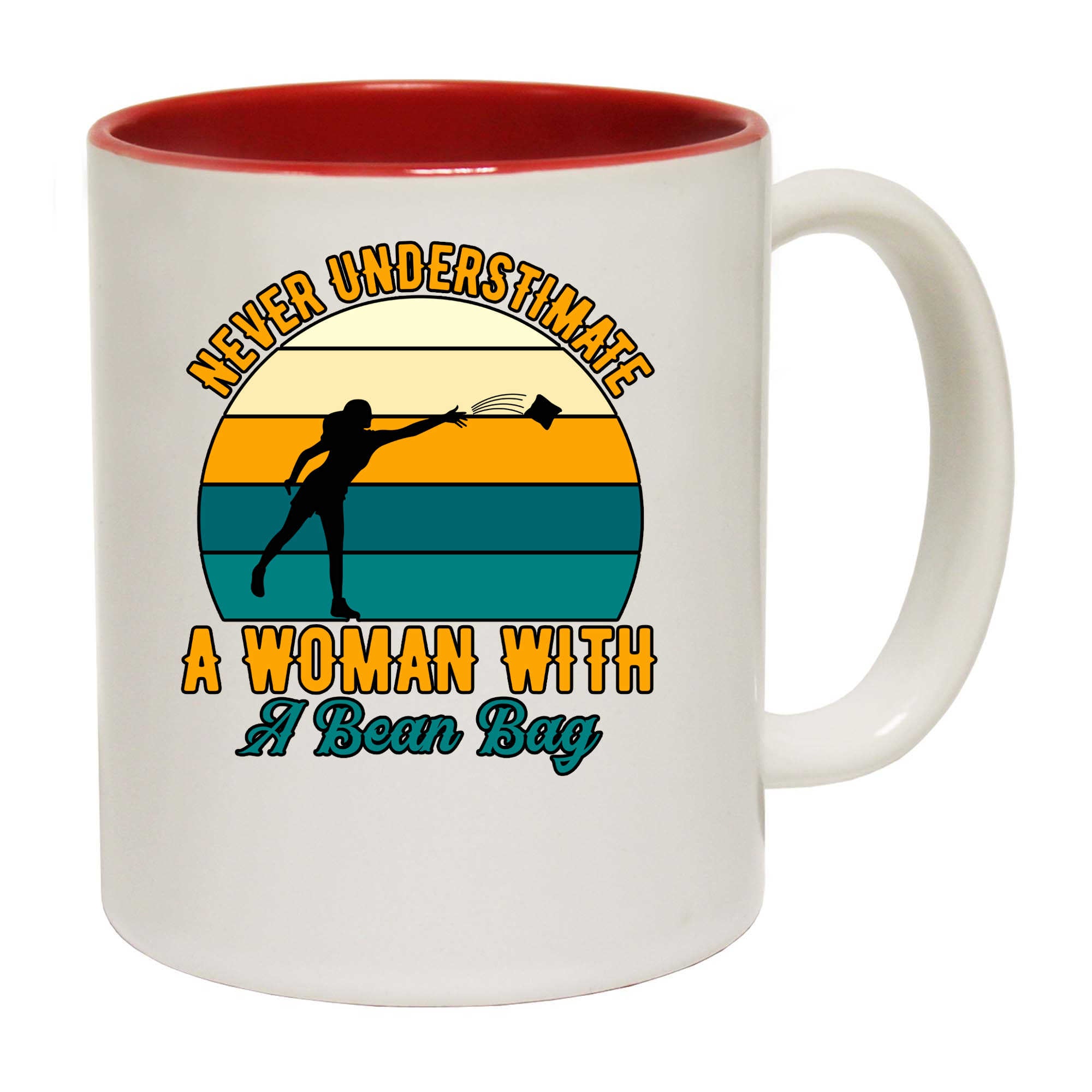 Never Understimate A Woman With A Bean Bag Cornhole - Funny Coffee Mug